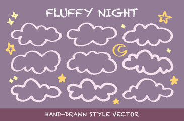 Crayon drawing textured fluffy night outline clouds and stars vector set. Childish wax pencil scribble sketch doodle cloudy sky. Cartoon style rough cute pastel texture kid's style. Weather childish