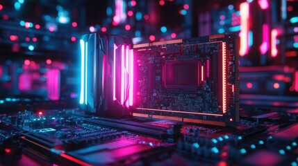 Futuristic Computer Hardware with Neon Lights and Circuit Board