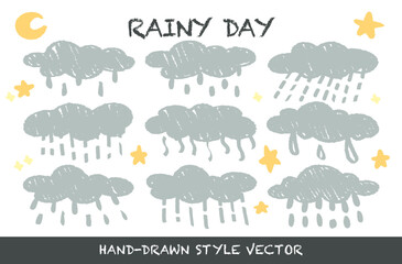Crayon drawing textured fluffy rainy day clouds and stars vector set. Childish wax pencil scribble sketch doodle cloudy sky. Cartoon style rough cute pastel texture clouds in kid's style. Weather rain