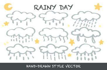 Crayon drawing textured fluffy rainy day clouds and stars vector set. Childish wax pencil scribble sketch doodle cloudy sky. Cartoon style rough cute pastel texture clouds in kid's style. Weather rain