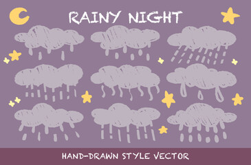 Crayon drawing textured fluffy night rainy day clouds and stars vector set. Childish wax pencil scribble sketch doodle cloudy sky. Cartoon style rough cute pastel  clouds in kid's style. Weather rain
