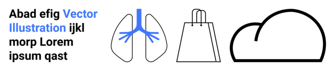 Lungs illustration, shopping bag icon, and cloud outline next to sample text in blue and black. Ideal for medical, health, retail, cloud computing, environment design educational uses. Landing page