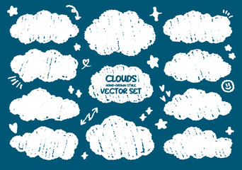 Set of chalk drawing fluffy cloud vector. Hand drawn doodle style cloudy sky. Childish pastel rough texture weather elements. Wax crayon sketch clouds. Baby cute girl decoration, pattern. 