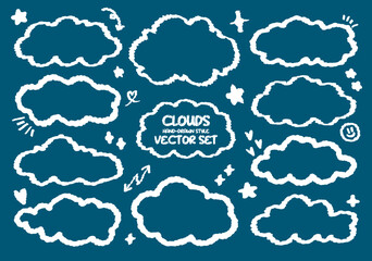 Set of chalk drawing fluffy outline cloud vector. Hand drawn doodle style line cloudy sky. Childish pastel rough texture weather elements. Wax crayon sketch clouds. Baby cute girl decoration, pattern.