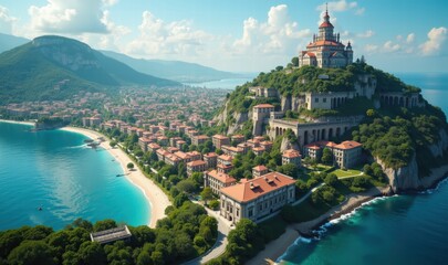 Fototapeta premium A stunning aerial view of a coastal town with a historical castle on a hill, surrounded by crystal-clear waters and lush mountains, perfect for travel and tourism projects.