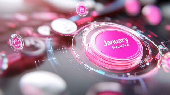 January special deal button in futuristic digital interface, showcasing vibrant colors and modern design elements, perfect for promotions and marketing campaigns