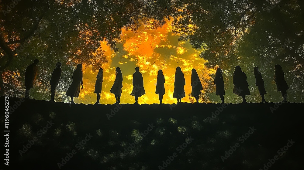Poster silhouette of group walking on a path under trees at sunset with colorful sky in the background. gen