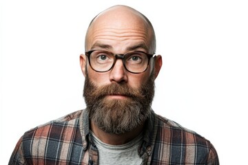 Obraz premium Portrait of a Bearded Man with Glasses in a Plaid Shirt Against a White Background