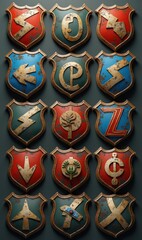 Fototapeta premium A collection of vintage-style badges featuring intricate designs, ideal for branding, gaming, or retro-themed projects.
