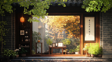 Fototapeta premium Autumn in the Courtyard: A glimpse into a tranquil Chinese courtyard, bathed in warm autumn light.