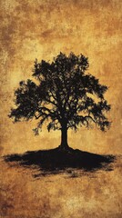 Majestic Oak Tree Silhouette Against Golden Background