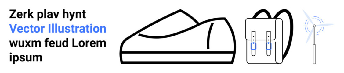 Shoe, backpack, and windmill depicted in a minimalistic black and blue outline style. Ideal for modern design, simplicity, technology, travel, lifestyle, eco-friendly, and fashion themes. Landing