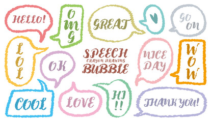 Comic style cute quote colorful outline speech bubble with short phrase. Set of hand drawn line memo frame. Cartoon doodle crayon drawing cloud, box, message. Flat vector Great Nice day Thank you 