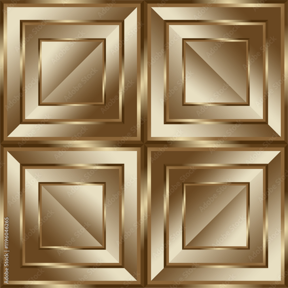 Poster composition of repeating geometric planes in the form of squares with gradations of brown and gold a