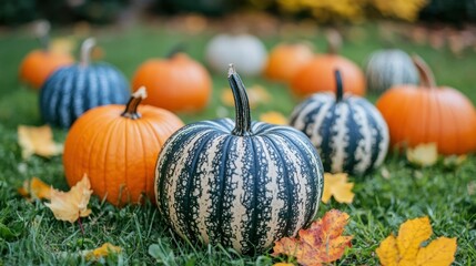 Colorful Pumpkins on Green Grass Surrounded by Autumn Leaves
