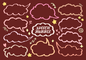 colorful text boxes and outline speech bubbles with crayon chalk texture vector set. Pencil doodle line frame comic talk balloon in brush grunge sketch style. Hand drawn kid's drawing dialog balloon. 
