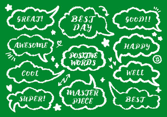 Comic style cute quote colorful speech bubble with short phrase. Set of hand drawn memo frame. Cartoon doodle crayon drawing cloud, box, message. Flat vector Good job Cheers Well done Awesome time on