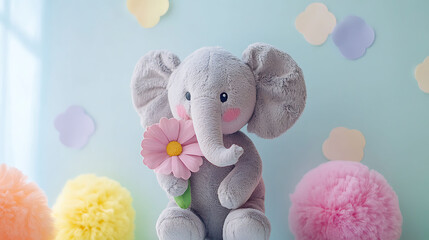 A cuddly stuffed elephant holding a flower surrounded by pastel colors