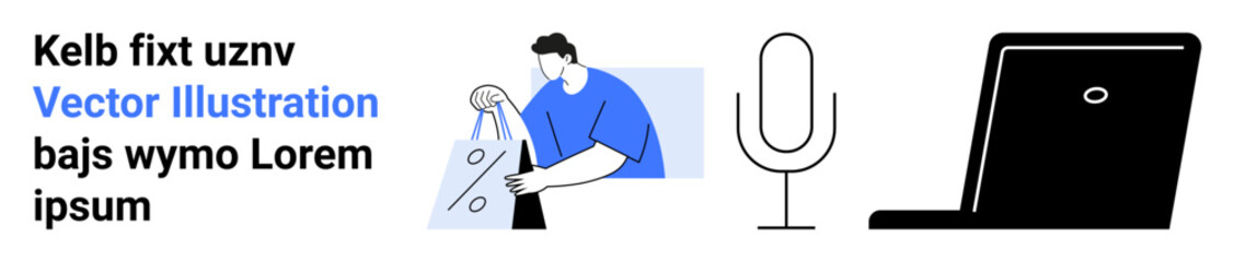 Animated person holding shopping bags, large microphone, and a laptop. Ideal for e-commerce, technology, online shopping, podcasting, remote work digital communication content creation. Landing