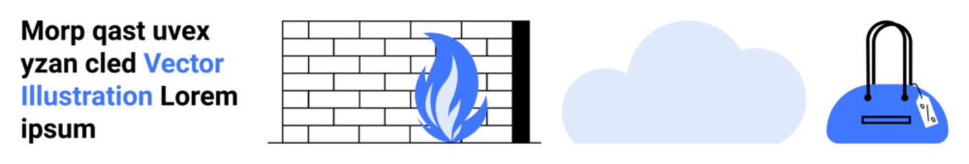 Brick wall with blue flame, cloud, blue shopping bag. Ideal for cybersecurity, cloud computing, online shopping, firewalls, digital security internet safety firewall protection. Landing page