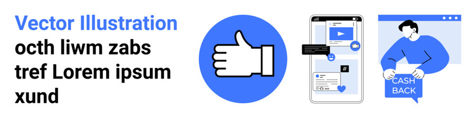 Thumbs up icon, mobile phone with app screens, person holding cashback. Ideal for social media, app design, e-commerce, digital marketing, customer engagement, online payment, promotional content