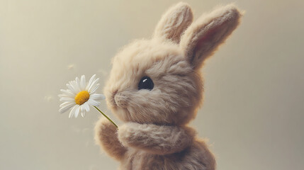 Fototapeta premium A fluffy bunny plush holding a daisy with petals gently falling
