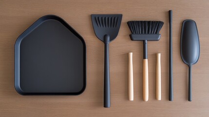 Modern Black Fireplace Cleaning Set on Wooden Surface