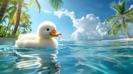A fluffy plush duck swimming in a tropical pool with sparkling water reflecting the blue sky