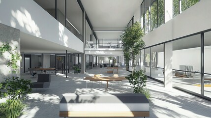 Contemporary Bright Office Space with Open Layout and Natural Light