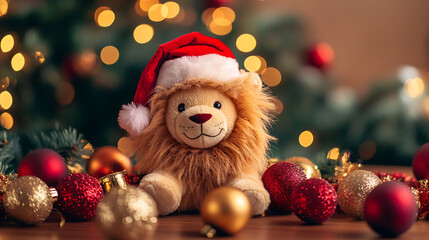 A fluffy stuffed lion in a Christmas hat surrounded by festive garlands and shiny ornaments