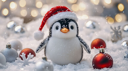 A fluffy stuffed penguin in a Santa hat surrounded by snowflakes and festive ornaments