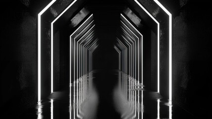 Fototapeta premium Dark Futuristic Hallway with Glowing Neon Lights and Reflective Floor in Minimalist Architectural Design, Creating an Intriguing Atmosphere for Various Creative Projects