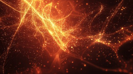 Abstract digital background featuring vibrant orange and gold light trails, shimmering particles, and an ethereal glow creating a captivating visual experience.