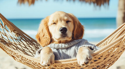 A golden retriever puppy in a cozy sweater lounging in hammock on sunny beach