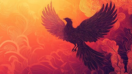Fiery Phoenix Soaring Amidst Abstract Floral Patterns