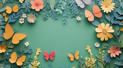 Obraz premium Vibrant Floral Patterns with Butterflies and Leaves in Paper Art