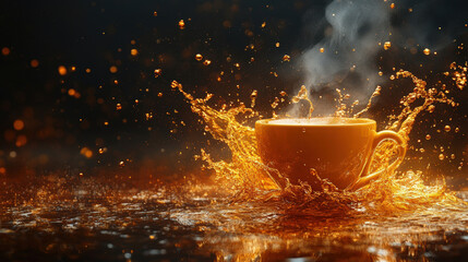 Captivating Moment of Coffee Splashing from Bright Cup with Steam Rising in Dark Background Surrounded by Golden Bokeh Lights and Water Splashes