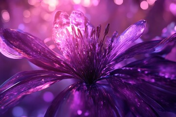 Obraz premium Vibrant purple flower, glowing petals, bokeh background. Perfect for designs needing fantasy, beauty, or luxury themes.