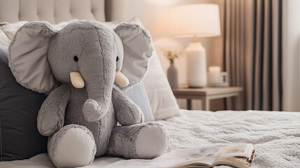 A large huggable stuffed elephant in a cozy bedroom setting