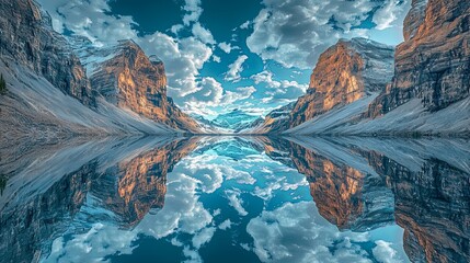 Stunning mountain landscape reflecting on calm lake under a dramatic sky with clouds at sunset. Generative AI