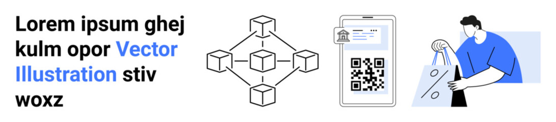 QR code scanning on smartphone next to blockchain network diagram and person carrying shopping bags. Ideal for e-commerce, technology, digital security, blockchain, mobile payment, shopping, online