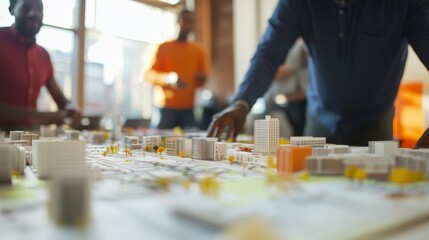 A close-up shot of an architect discussing urban planning concepts with city officials in a vibrant downtown office, Urban planning consultation scene, Civic engagement style