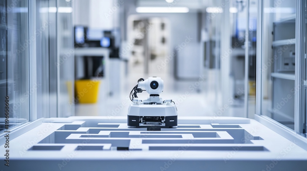 Wall mural a robot navigating a complex maze in a high-tech robotics research lab, clean and innovative researc