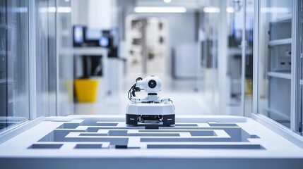 A robot navigating a complex maze in a high-tech robotics research lab, clean and innovative research environment, Research-tech style