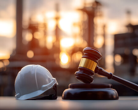 Hard Hat and Gavel at Industrial Site - Powered by Adobe
