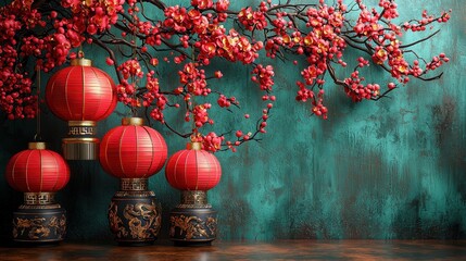 Vibrant Red Lanterns and Blossoming Branches Against a Teal Background for Festive Celebrations and Cultural Events