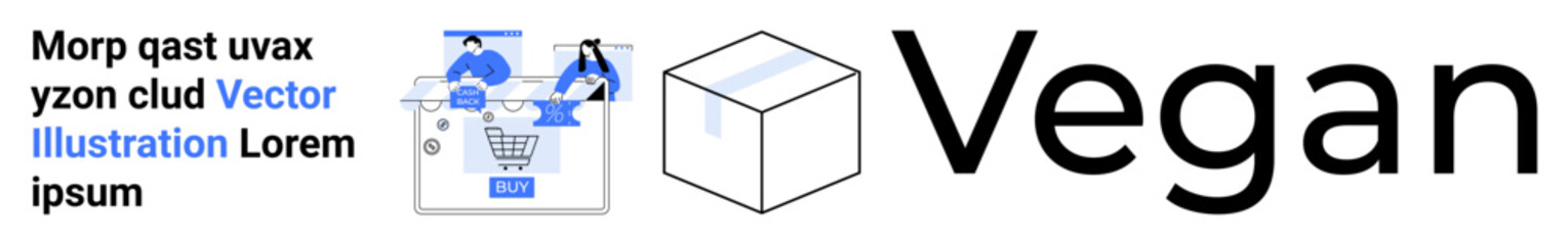 Shopping cart with users, package box outline, and large Vegan text. Ideal for e-commerce, vegan product websites, marketing, packaging design, blogs online stores and digital content. Landing page