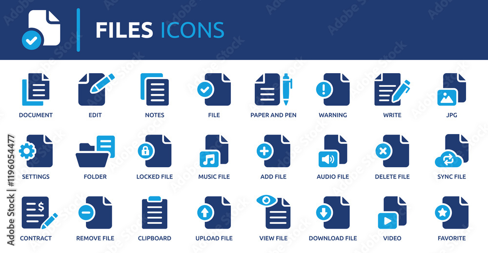 Poster Files icon set. Containing document, notes, edit, write, folder, contract, add file, JPG and more. Solid vector icons collection.