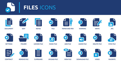 Files icon set. Containing document, notes, edit, write, folder, contract, add file, JPG and more. Solid vector icons collection.