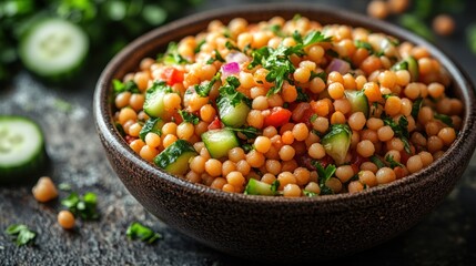 Mediterranean couscous salad bowl, fresh vegetables, healthy meal, kitchen setting, food photography